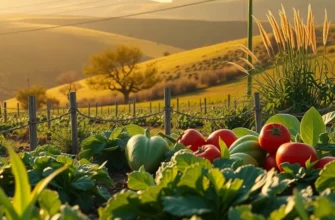 Photorealistic landscape of lush fields filled with fresh vegetables and fruits, emphasizing organic vitality.