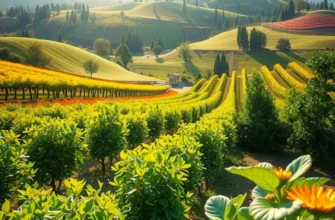 A stunning view of an organic orchard with lush greenery and brightly colored fruits, symbolizing nourishment and freshness.