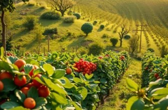 A scenic view of an abundant orchard full of organic fruits and vegetables under soft sunlight.