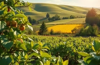 A large field of healthy organic vegetables and fruits bathed in sunlight.
