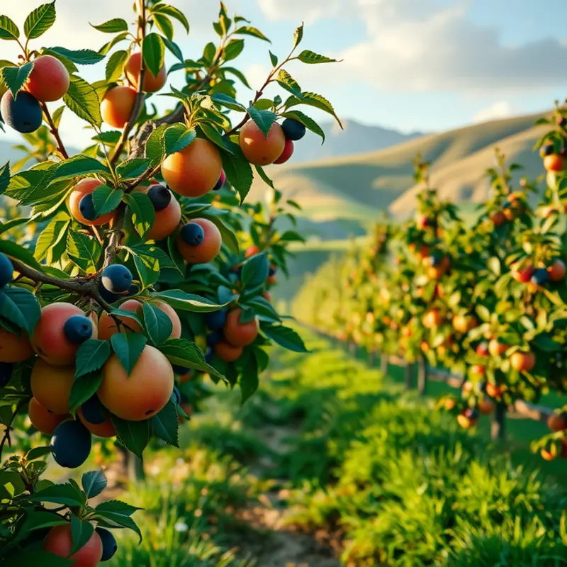 A vibrant orchard filled with fresh fruits amidst lush greenery.