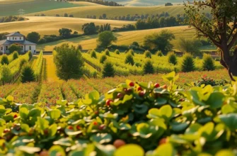 A picturesque view of a sunlit field filled with colorful fruits and vegetables growing naturally.