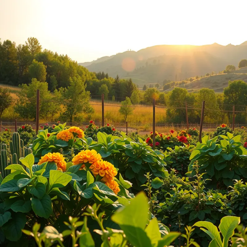 A vibrant landscape showcasing fresh vegetables and fruits in a sunlit field.