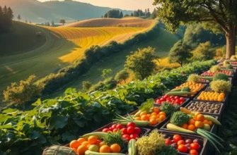 A vivid garden landscape representing the freshness of organic fruits and vegetables in a natural setting.