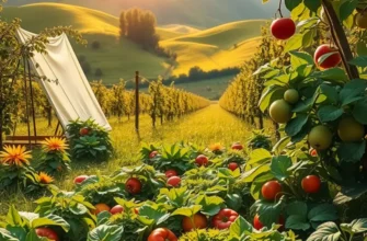 A scenic view of a field or orchard abundant with colorful organic vegetables and fruits, bathed in warm sunlight.