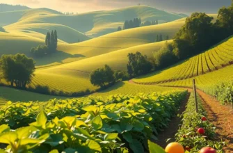 A serene landscape with vibrant fruits and vegetables in a sunlit field, emphasizing natural beauty and organic growth.