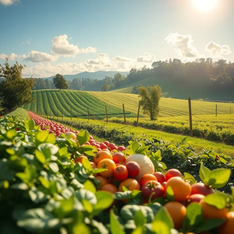 A sunlit landscape filled with vibrant fruits and vegetables representing freshness.