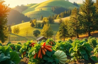 A photorealistic view of a large field filled with various fruits and vegetables, showcasing organic beauty.