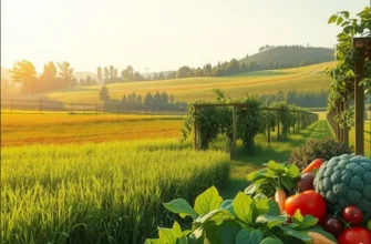 A vivid landscape featuring an abundance of organic fruits and vegetables in a field.
