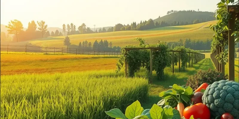 A vivid landscape featuring an abundance of organic fruits and vegetables in a field.