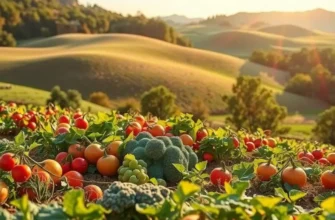 A picturesque view of a sunlit field filled with fresh organic produce.