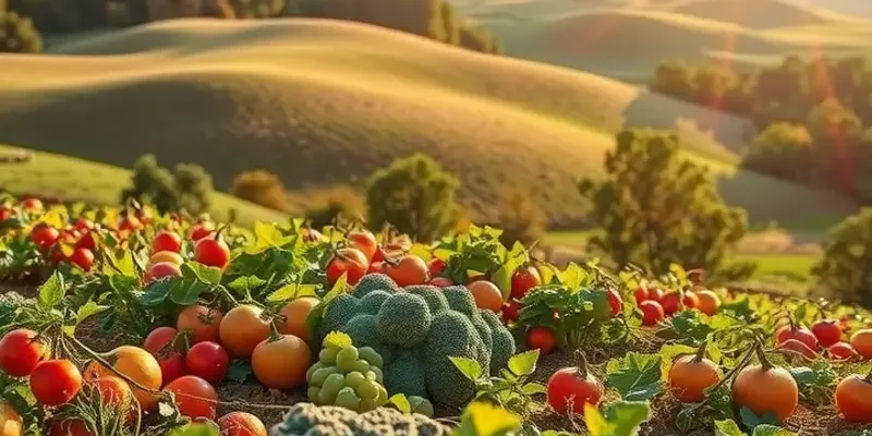 A picturesque view of a sunlit field filled with fresh organic produce.