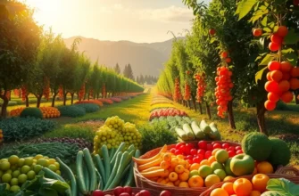 A vibrant landscape filled with fresh fruits and vegetables among lush greenery.