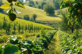 A scenic view of an orchard with fresh vegetables growing among vibrant greenery.
