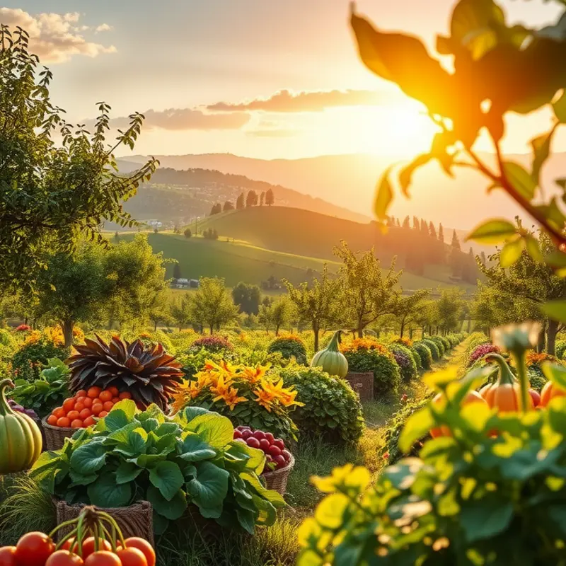 A vibrant sunlit field showcasing the freshness of organic vegetables.
