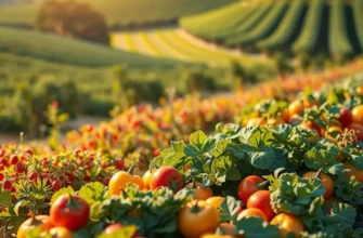 Photorealistic display of lush organic fruits and vegetables in a sunlit setting.
