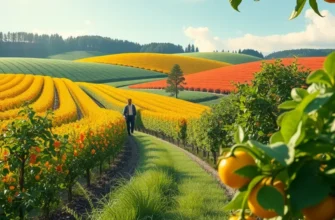 Photorealistic sunlit field abundant with organic fruits and vegetables.