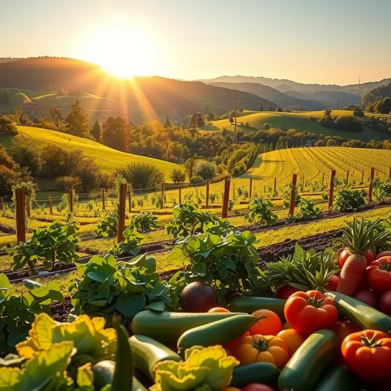 A vibrant landscape showcasing sustainable farming practices with abundant produce.