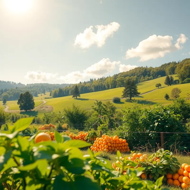 A vibrant sunlit field abundant with organic fruits and vegetables.