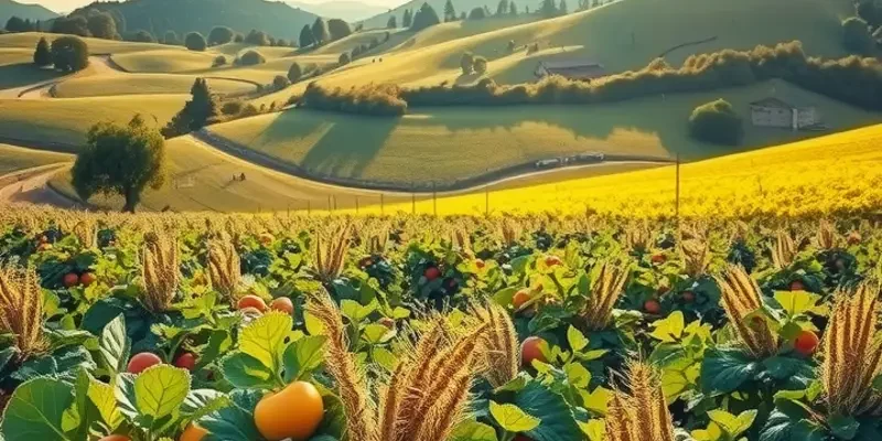 A lush field showcasing vibrant organic fruits and vegetables under warm sunlight.