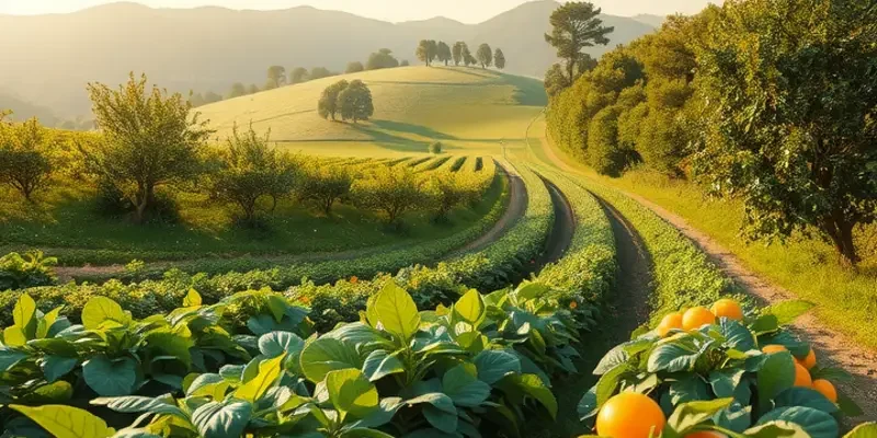 A sunlit landscape filled with healthy organic produce, highlighting natural nutrition.