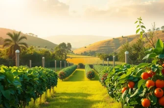 A picturesque orchard with colorful fruits and vegetables showcasing healthy hydration choices.