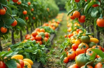 A serene orchard alive with colorful, organic fruits and vegetables under soft sunlight.