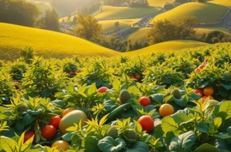 A beautiful landscape filled with vibrant fruits and vegetables basking in sunlight, symbolizing the essence of healthy eating.