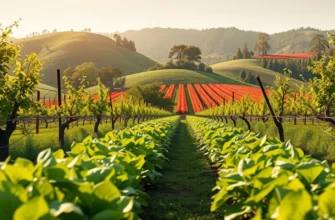 A landscape of vibrant vegetables and fruits surrounded by lush greenery and warm sunlight.