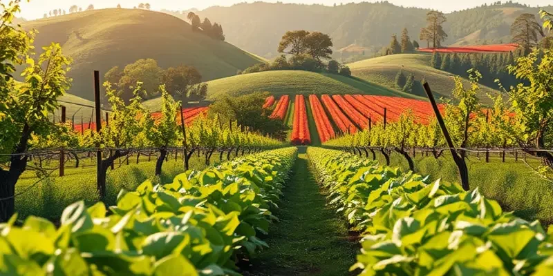 A landscape of vibrant vegetables and fruits surrounded by lush greenery and warm sunlight.
