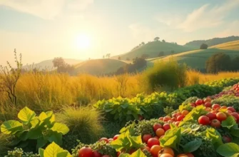 A landscape full of healthy fruits and vegetables, showcasing the abundance of nature's offerings in a serene environment.