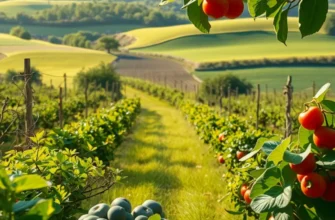 A bright and vibrant organic scene, representing the ideal of a healthy relationship with food.