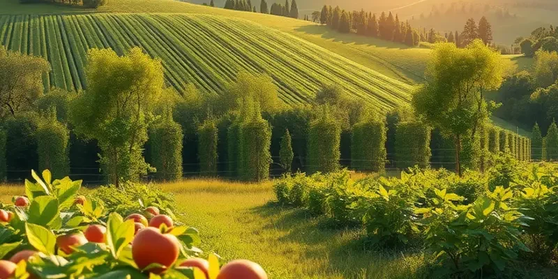 A serene field filled with fresh organic produce under warm sunlight.