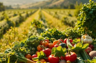 A lush, sunlit orchard showcasing vibrant organic produce and greenery.