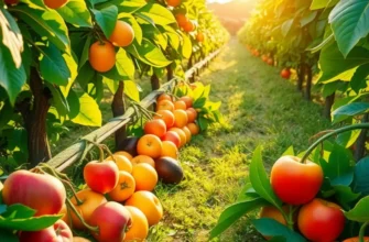 A sunlit field showing an abundance of vegetables and fruits, illustrating healthy nutrition.