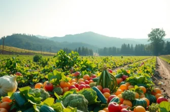 Photorealistic landscape image showing a field filled with fresh vegetables and fruits, sunlight illuminating the natural colors.