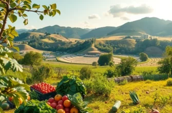 A sunlit field overflowing with vibrant vegetables and fruits among lush greenery.