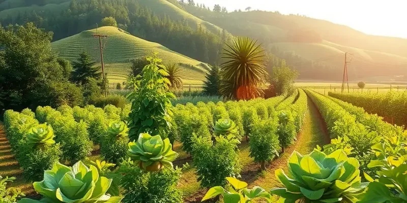 Natural landscape featuring healthy fruits and vegetables growing in harmony.