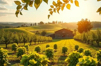 A picturesque outdoor scene of lush greenery with fertile fields of fruits and vegetables.