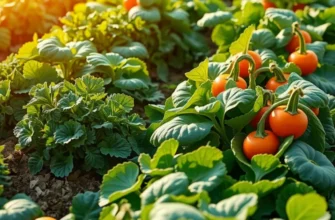A serene landscape featuring vibrant fruits and vegetables in a sunlit field.
