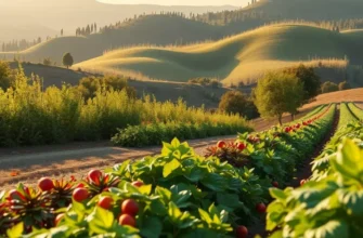 A sunlit field showcasing diverse fruits and vegetables growing in a lush natural environment.