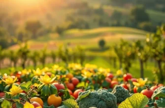 A scenic view of a healthy and organic landscape filled with vegetables and fruits.