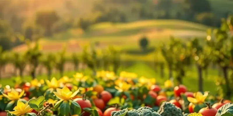 A scenic view of a healthy and organic landscape filled with vegetables and fruits.