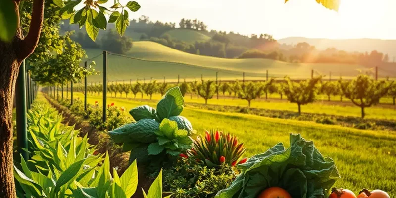 A bright scenic view of a landscape with healthy fruits and vegetables.