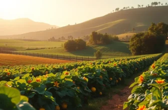 A vibrant landscape filled with healthy, organic fruits and vegetables under soft, warm light.