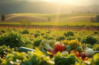 A lush field featuring natural vegetables and fruits, emphasizing a healthy lifestyle.