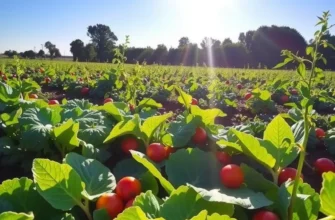 A picturesque field of organic fruits and vegetables basking in sunlight.