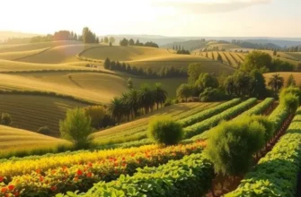 Photorealistic landscape of a healthy produce field with vibrant fruit and vegetable growth.