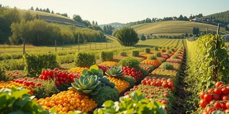 A field lush with a variety of organic vegetables and fruits, illuminated by sunlight.