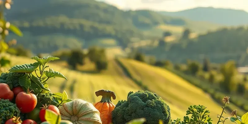 A fertile landscape filled with colorful organic vegetables and fruits under a warm sunlit backdrop.